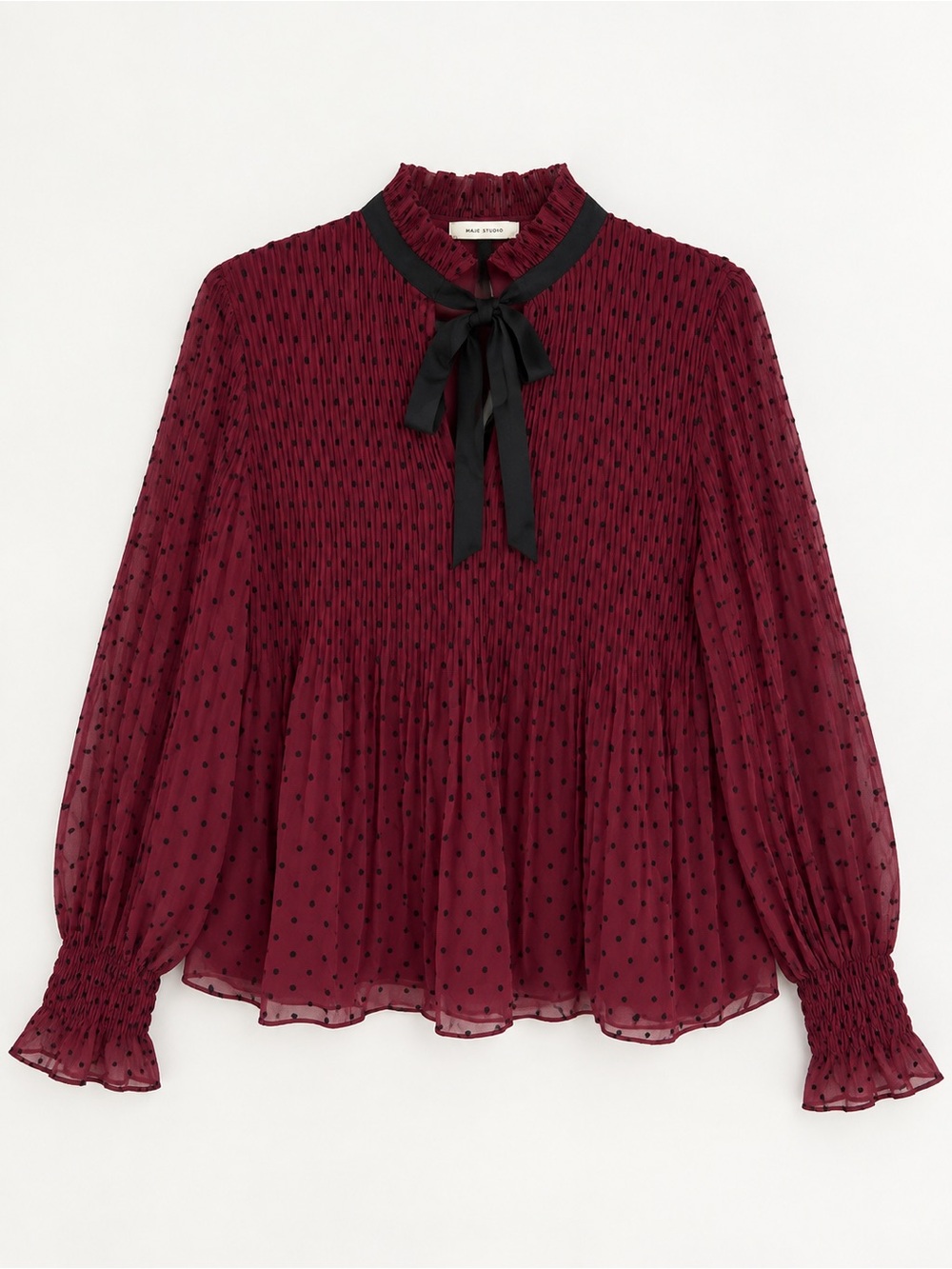 Max Studio Pleated Swiss Dot Tie Neck Blouse Polka Dot Blouse in Burgundy &